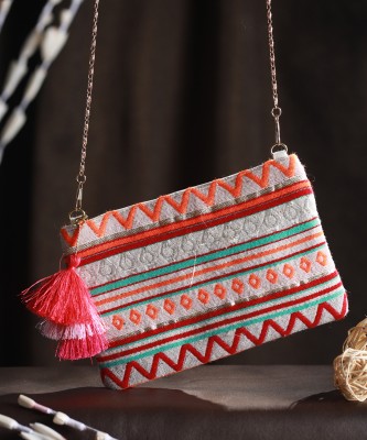 Priyaasi Multicolor Sling Bag Rocking Rows Orange Gold Zipper Pouch