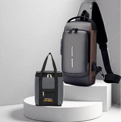 lifeindia Grey Shoulder Bag Combo Shoulder Bag Men's High-Grade Password Lock Chest Bag Portable Lunch Bag(Pack of 2)