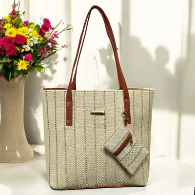 clarisjames Khaki Tote Cream, jute stylish tote bag women