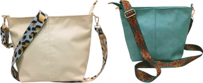 Dakota Beige, Blue Sling Bag with Detachable White Belt for Girls & Women(Pack of 2)