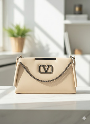 ROYALTRADERS Beige Sling Bag Glam-V-Logo-Chain-Cream