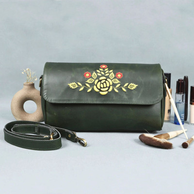 LUXURIO CRAFT Green Sling Bag | Premium Leather Shoulder Bag | Dark Green color | Golden & Red Color Flower