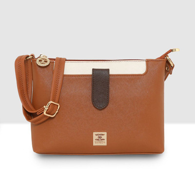 ESBEDA Tan Sling Bag Megan Colorblock Top Zip Sling Bag
