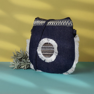DOSYSO Blue Sling Bag Handcrafted Denim Jeans Sling Bags for Women Stylish latest Embroidery Round