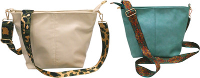 Dakota Beige, Blue Sling Bag with Detachable Green Belt for Girls & Women(Pack of 2)