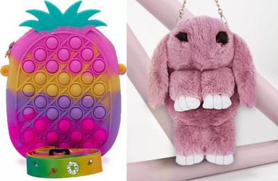 Nappmall Pink, Multicolor Sling Bag Cute Cartoon Rabbit Fluffy Bunny Crossbody Chain Bag for girls(Pack of 2)