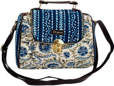 Shigora Blue Satchel Premium Cotton Printed Vegan Leather Handbag