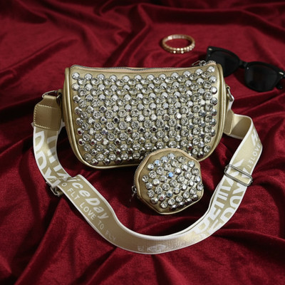 DOSYSO Gold Sling Bag Rhinestone sling bags for women with coin pouch broad strap girls party purse