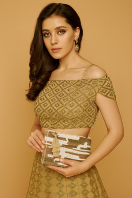 Kairav Enterprises Gold Sling Bag Golden Beaded & Embroidered Clutch with Tassel Detailing | Party & Wedding