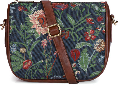 The CLOWNFISH Blue Sling Bag Garnet Series Printed Handicraft Fabric Sling Bag for Women (Navyblue-Floral)