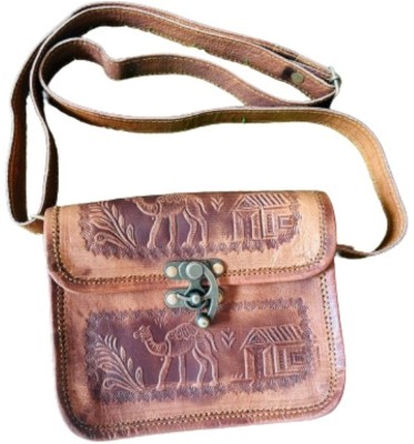 MADONA HANDICRAFT Brown Sling Bag Small Sized Embossed Leather Turn Lock Half flap Bag