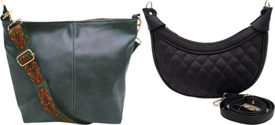 Dakota Black, Grey Sling Bag Genuine Leather Stylish Moon Bag for Women – Compact & Trendy(Pack of 2)