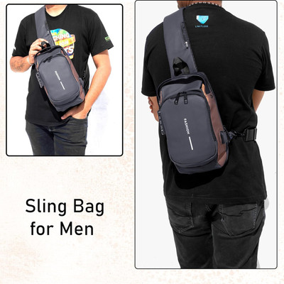 LUHI Grey, Brown Sling Bag Unisex Side Bag With Inbuilt Charging Port