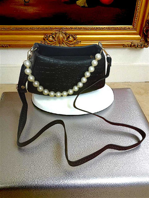 Khushi's collections Black Sling Bag Elegant Black Crocodile-Textured Sling Bag with Pearl Handle