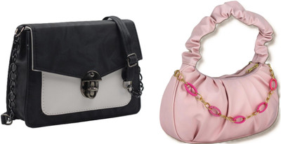 zufisha Black, Pink Sling Bag Women Embossed Textured Flap Sling Bag with Adjustable Strap(Pack of 2)