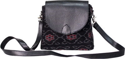 www.dhokrahandicrafts.com Black Sling Bag Handmade Black Sambalpuri Print Detachable Sling Bag for Women and Girls