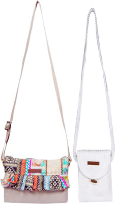 ENSAC Beige, White Sling Bag JUTEROPE-MOBILEcWHT-1_RUFFLEcBEG-2(Pack of 2)