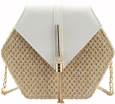 Inovera White Sling Bag Hexagon Straw Crossbody Bag – Summer Beach Sling with Tassel