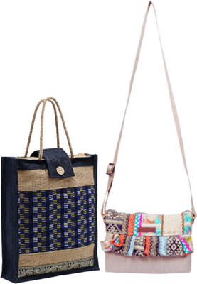 ENSAC Beige, Blue Sling Bag JUTE-CHK-05cBLU_RUFFLEcBEG-2(Pack of 2)