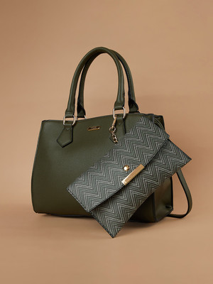 CODE by Lifestyle Green Hand-held Bag Textured Handbag with Pouch