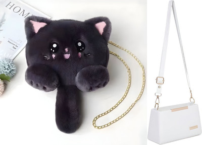 Nappmall Black, White Sling Bag Women Shoulder Bag Cute Soft & Fluffy Teddy Bear Sling Bag | Side Bags(Pack of 2)