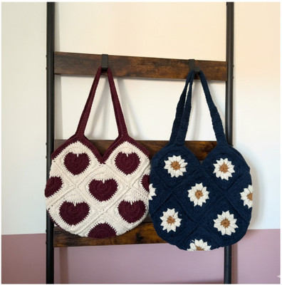 Style Gali Blue, Red Tote Handmade Crochet Granny Square Daisy Heart Tote Bag for Women & Girl(Pack of 2)