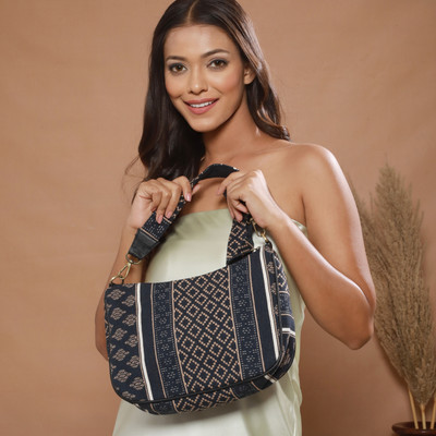 Shreeja Blue Sling Bag Jacquard Sling Bag|Half Moon|Stylish|Crossbody Bag For Women|Zipper Closure