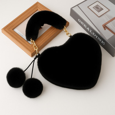 Beauty Queen Black Sling Bag Trendy Heart-Shaped Faux Fur Sling Bag with Chain Strap & Pom-Poms