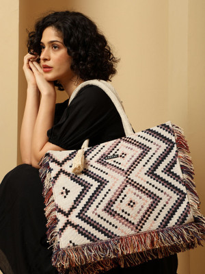 ENSAC Black, Pink Tote Women’s Boho Fringed Canvas Tote Bag, Stylish Shoulder Bag for Shopping