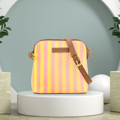 Fastrack Pink Sling Bag Pink and Yellow Striped Casual Sling Bag for Women