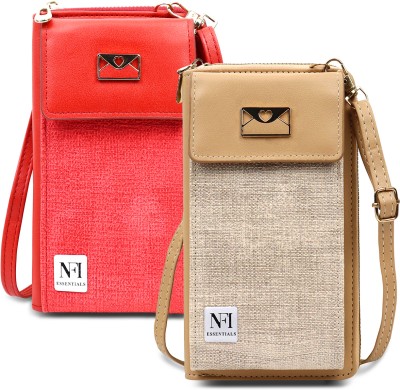 NFI essentials Beige, Red Sling Bag Girls Women Women's Mobile Cell Phone Holder Pocket Wallet Hand Purse Clutch Crossbody Sling Bag(Pack of 2)