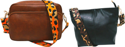 Dakota Brown, Black Sling Bag /Crossbody Bag with Orange Adjustable Belt for Girls & Women(Pack of 2)