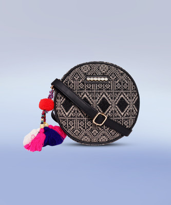 ASTRID Black Sling Bag ROUND SLING WITH POMPOMS