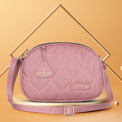 Leather Land Pink, Black Sling Bag 3 ZIPPER sling in Onion Pink