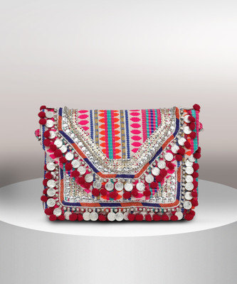 Gaurapakhi Multicolor Shoulder Bag Pink & White & Beige Embroidered Boho Bag for girls and women- Pink & White