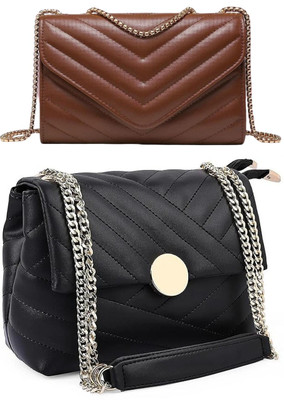 KRIFTY Brown, Black Sling Bag Stylish Fancy Unique Design Sling Bag For Women's/Girls(Pack of 2)