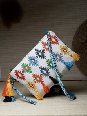 Anekaant White, Multicolor Sling Bag White & Multi Aztec Embroidered Cotton Canvas Sling Bag