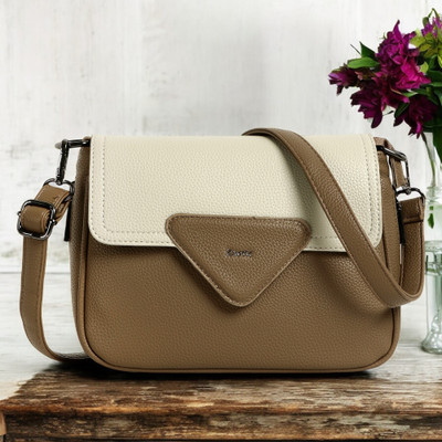 Exotic Premium Khaki Sling Bag Unique Shape Texture Design Flap Closure