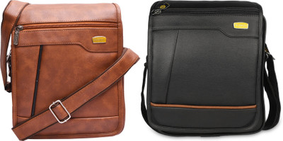 Blowzy Tan, Black Sling Bag Artificial Leather Cross-Body Large Sling Bag for Men/Boys(Pack of 2)