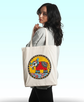 Tingar White Tote White Mithila Art Cotton Sling and Tote Bags For women and Girls, Handbag.