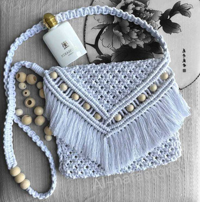 Alnafadecor White Clutch Handmade macrame Fringe Clutch with Beaded strap