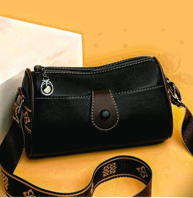 anqbiya Black Shoulder Bag Cylinder crossbody bag with wide strap