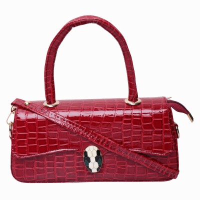 TreasureTrims Red Sling Bag Ladies Crocodile Pattern Handbag, Black Patent Leather,