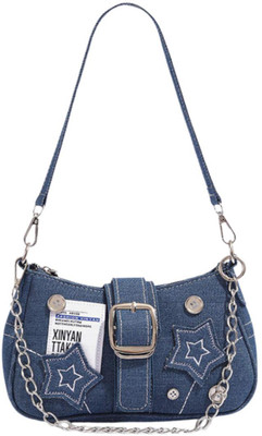 ITALISH Blue Shoulder Bag Trendy Denim Shoulder Bag for Women with Star Patch & Dual Detachable Straps