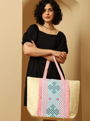 ENSAC White Hand-held Bag Women’s Jute Tote Bag with Geometric Pattern, Large Stylish Handbag for Casual