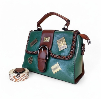 Faisalhub Green Sling Bag Stylish Brown‑White Textured Satchel for Women | Gold Hardware & Geometric Strap
