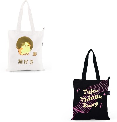 UpTown Folks Black, White Tote Take Things Easy + Cat Lover Tote Bag(Pack of 2)