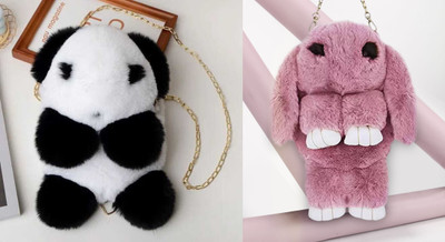 Nappmall Pink, White, Black Sling Bag Cute Cartoon Rabbit Fluffy Bunny Crossbody Chain Bag for girls(Pack of 2)