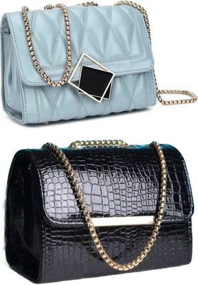 KRIFTY Blue, Black Sling Bag Stylish Fancy Unique Design Sling Bag For Women's/Girls(Pack of 2)