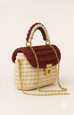 Super Duper Maroon, Beige Sling Bag Handcrafted Crochet Shoulder Bag with Gold Chain Strap–Stylish Handmade Women’s